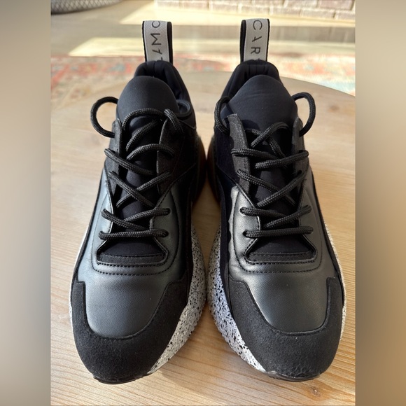 Stella McCartney Black Faux Leather + Suede Eclypse Low Top Sneakers Sz 37 $685 - Picture 3 of 9